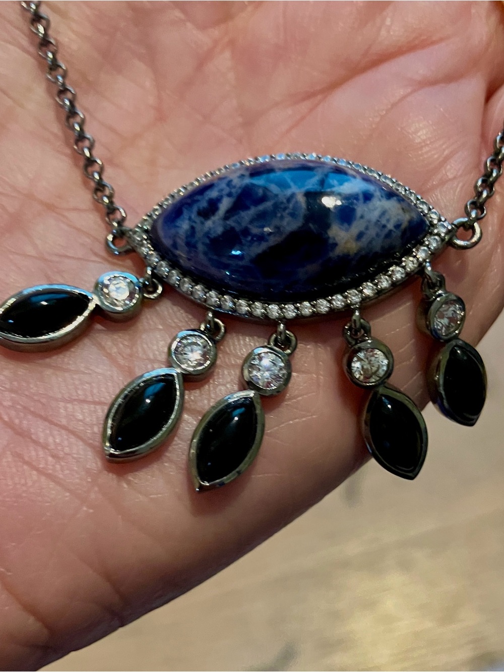 Blue Marbled Stone Pendant Necklace with Black Accent Drops